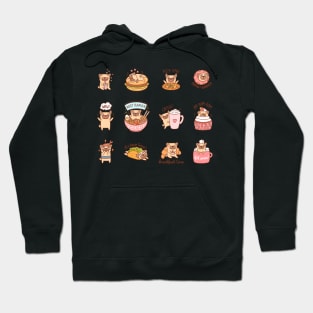 Cute dogs of Pug breed with different food Hoodie